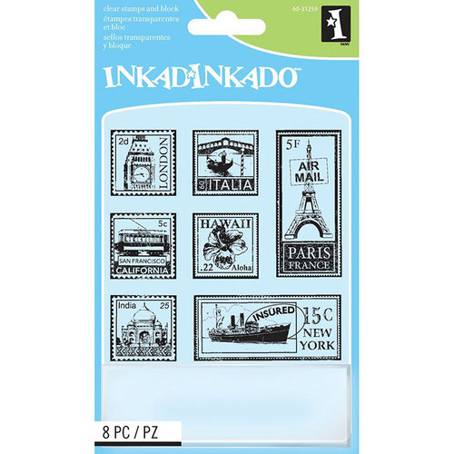 Inkadinkado - Clear Acrylic Stamp Set with Acrylic Block - Travel Postage Stamps