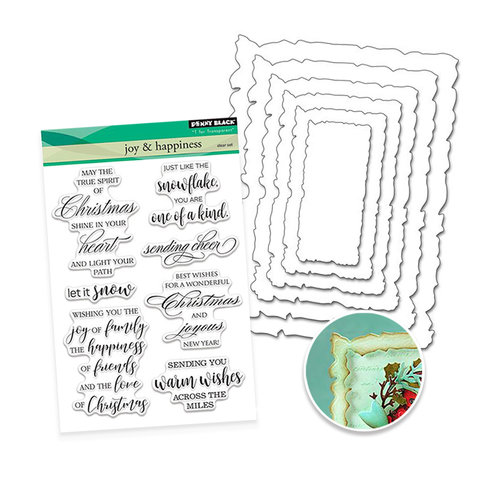 Penny Black - Christmas - Die and Acrylic Stamp Set - Antique Joy and Happiness Bundle