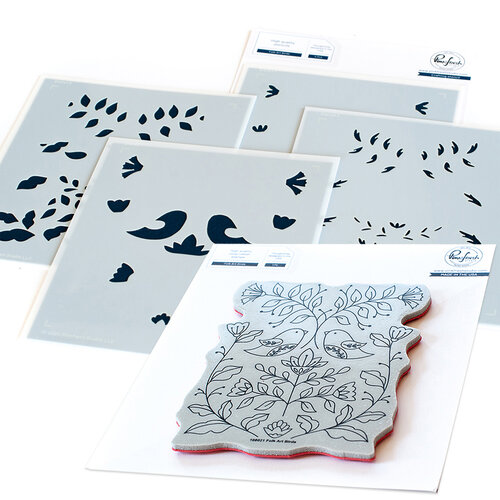 Pinkfresh Studio - Cling Mounted Rubber Stamps and Layering Stencils Set - Folk Art Birds Bundle