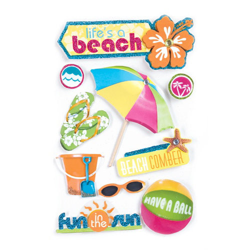 Paper House Productions - Fun Beach Collection - 3 Dimensional Cardstock Stickers with Bling Epoxy Glitter and Glossy Accents - Life's A Beach