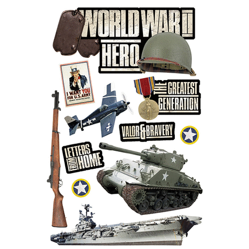 Paper House Productions - 3 Dimensional Cardstock Stickers with Foil and Glossy Accents - World War II