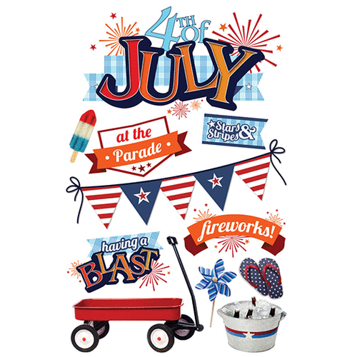 Paper House Productions - 3 Dimensional Cardstock Stickers with Glitter and Jewel Accents - Fourth of July