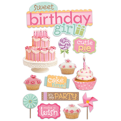 Paper House Productions - 3 Dimensional Cardstock Stickers with Glitter Glossy and Jewel Accents - Sweet Birthday Girl