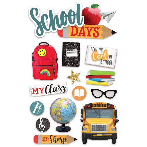 Paper House Productions - 3 Dimensional Layered Cardstock Stickers - School with Glitter Accents