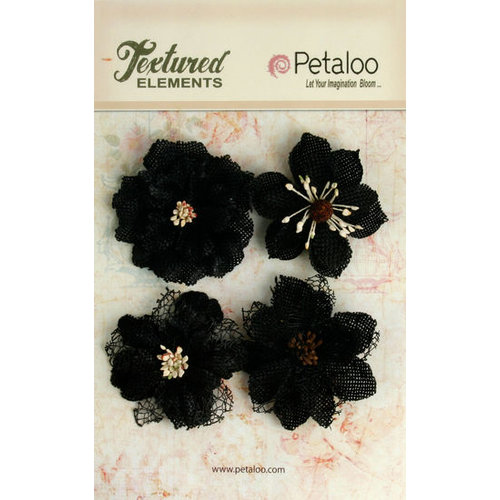 Petaloo - Textured Elements Collection - Floral Embellishments - Burlap Blossoms - Black