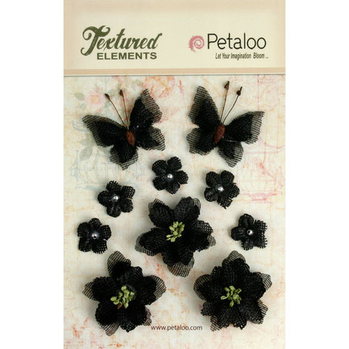 Petaloo - Textured Elements Collection - Floral Embellishments - Burlap Blossoms and Butterflies - Black
