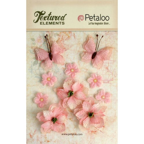 Petaloo - Textured Elements Collection - Floral Embellishments - Burlap Blossoms and Butterflies - Pink