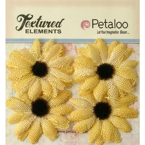 Petaloo - Textured Elements Collection - Floral Embellishments - Burlap Small Sunflowers - Yellow