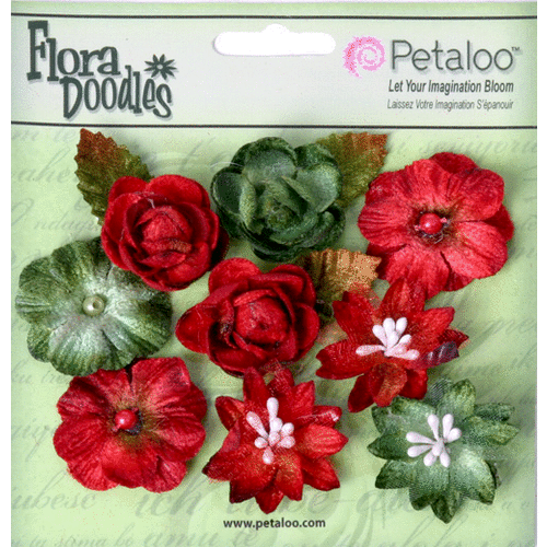 Petaloo - Flora Doodles Collection - Velvet Holiday Floral - Assorted Blossoms - Red and Burgundy