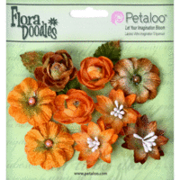 Petaloo - Flora Doodles Collection - Velvet Holiday Floral - Assorted Blossoms - Orange and Brown