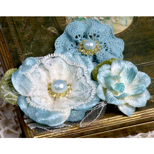 Petaloo - Chantilly Collection - Velvet and Lace Flowers - Blue