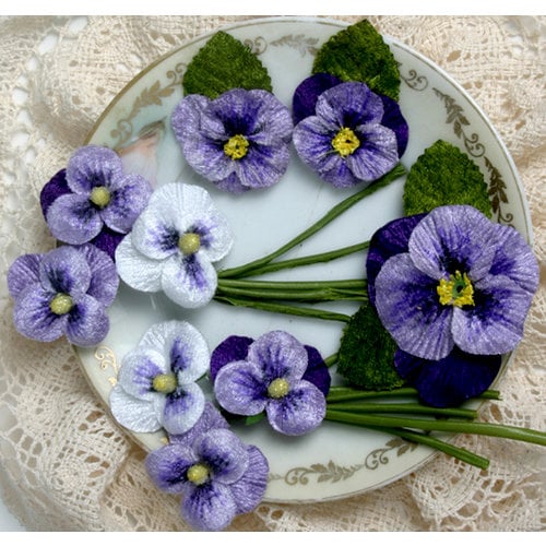 Petaloo - Chantilly Collection - Velvet Pansies - White and Purple