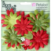 Petaloo - Flora Doodles Collection - Layering Fabric and Glitter Flowers - Daisies - Small - Red and Green