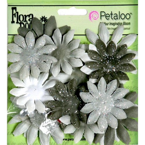 Petaloo - Flora Doodles Collection - Layering Fabric and Glitter Flowers - Daisies - Small - Silver Gray