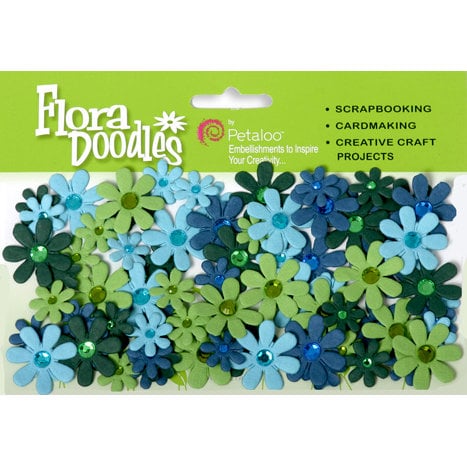 Petaloo - Flora Doodles Collection - Handmade Paper Flowers - Jeweled Florettes - Light Blue Dark Blue and Green, CLEARANCE