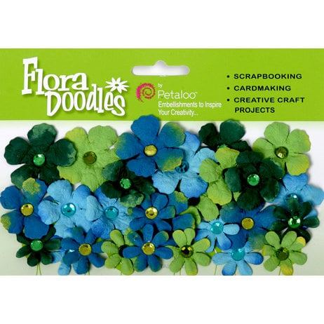 Petaloo - Flora Doodles Collection - Handmade Paper Flowers - Tye-Dyed Gypsies - Light Blue Dark Blue and Green, CLEARANCE