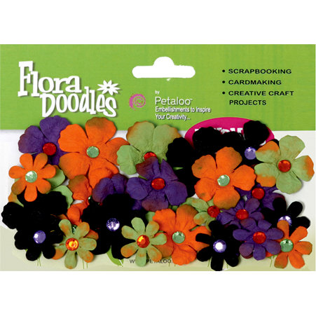 Petaloo - Flora Doodles Collection - Handmade Paper Flowers - Tye-Dyed Gypsies - Orange Purple Black and Green, CLEARANCE