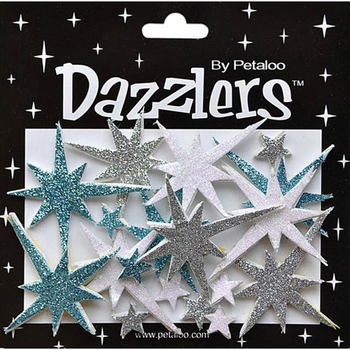 Petaloo - Dazzlers Collection - Christmas - Glittered Sticker Shapes - Northern Stars - Blue Silver and White