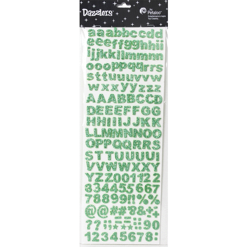 Petaloo - Dazzlers Collection - Glittered Sticker Shapes - Alphabet and Numerals - Green