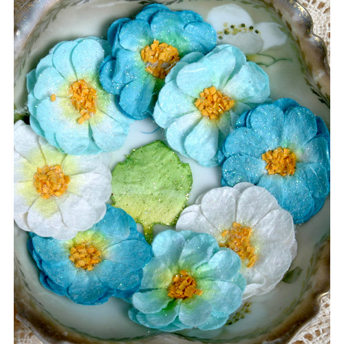 Petaloo - Devon Collection - Glittered Floral Embellishments - Sweetpea - Light Blue White and Dark Blue