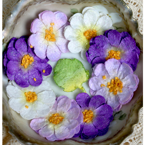 Petaloo - Devon Collection - Glittered Floral Embellishments - Sweetpea - Lavender White and Purple