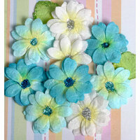 Petaloo - Devon Collection - Glittered Floral Embellishments - Brighton - White Light Blue and Dark Blue