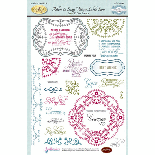 JustRite - Clear Acrylic Stamps - Ribbon and Swags Vintage Labels Seven
