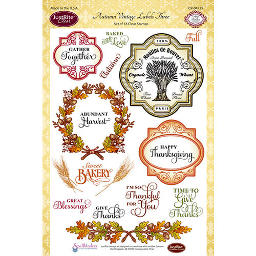 JustRite - Clear Acrylic Stamps - Autumn Vintage Labels Three