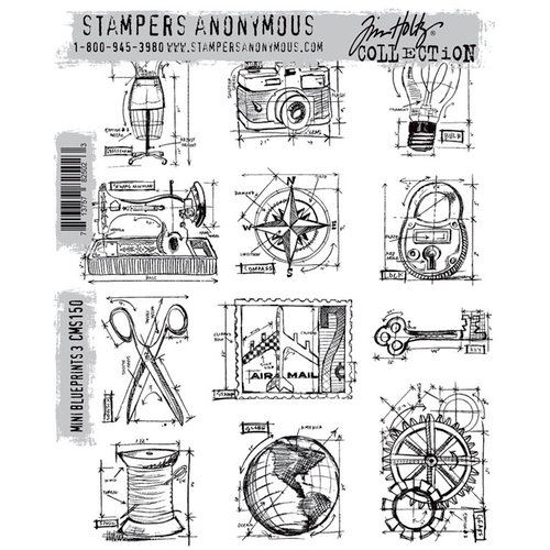 Stamper's Anonymous - Tim Holtz - Cling Mounted Rubber Stamp Set - Mini Blueprints 3