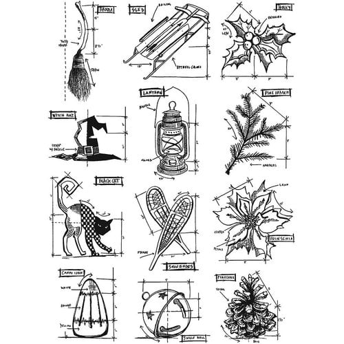 Stampers Anonymous - Tim Holtz - Cling Mounted Rubber Stamp Set - Mini Blueprints 7