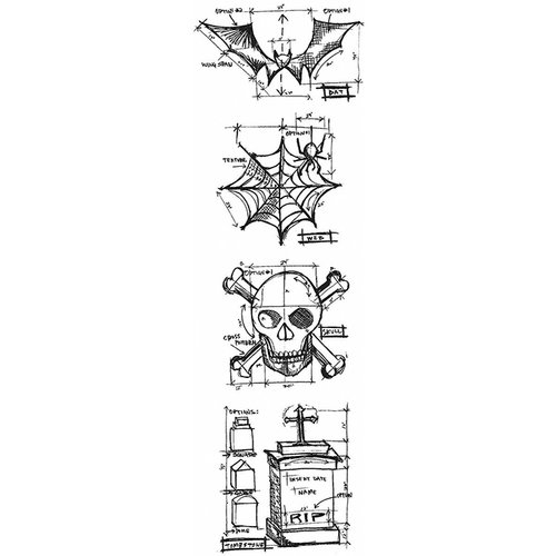 Stampers Anonymous - Tim Holtz - Cling Mounted Rubber Stamp Set - Mini Blueprint Strip - Halloween