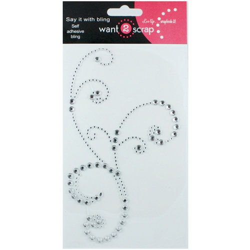 Want2Scrap - Say it With Bling - Self Adhesive Rhinestones - Frilly Flourish Swirl - Silver