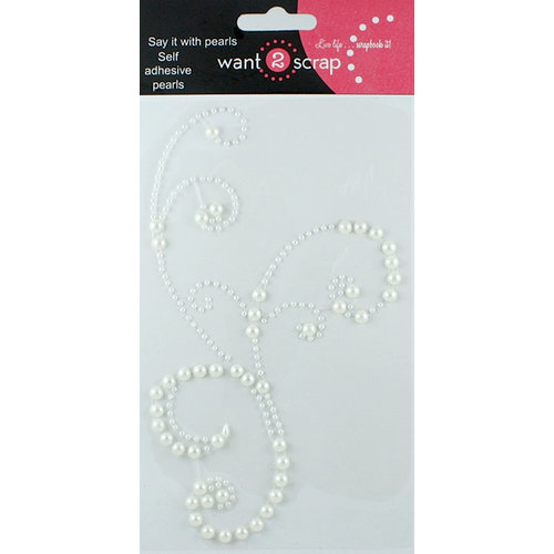 Want2Scrap - Say it With Pearls - Self Adhesive Pearls - Frilly Flourish Swirl - White