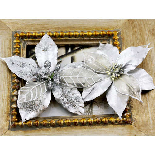 Prima - Holiday Lights Collection - Flower Embellishments - Poinsettias - Silver Pearl, CLEARANCE