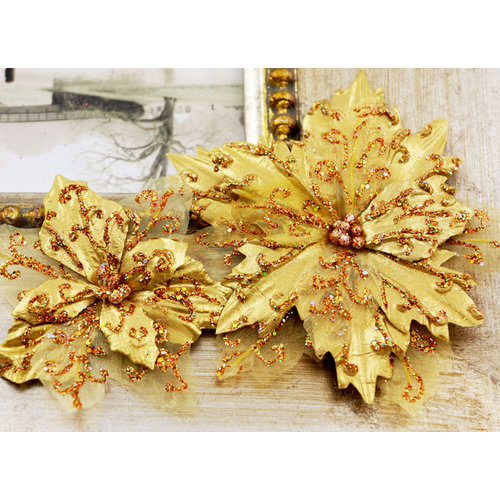 Prima - Holiday Lights Collection - Flower Embellishments - Poinsettias - Gala Gold, CLEARANCE