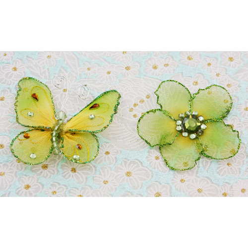 Prima - Gossamer Wings Collection - Jeweled Butterfly and Flower Embellishments - Fern, BRAND NEW