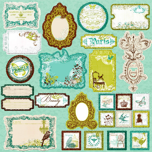 Prima - Madeline Collection - Self Adhesive Glittered Chipboard Pieces - Journaling