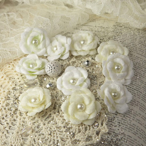 Prima - Audrey Rose Collection - Fabric Flower Embellishments - Snow, CLEARANCE