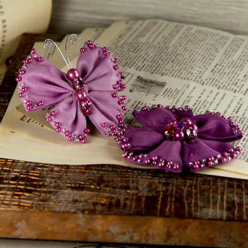 Prima - Elegance Collection - Fabric Butterfly and Flower Embellishments - Amethyst