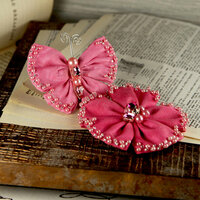 Prima - Elegance Collection - Fabric Butterfly and Flower Embellishments - Ruby