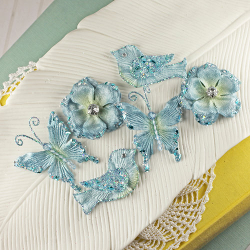 Prima - Melody Collection - Flower Butterfly and Bird Embellishments - Blue
