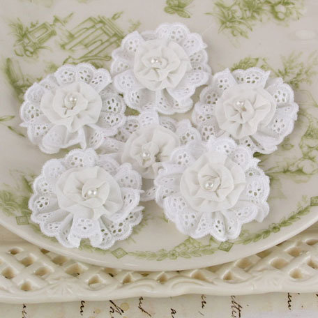 Prima - Manette Collection - Fabric Flower Embellishments - White