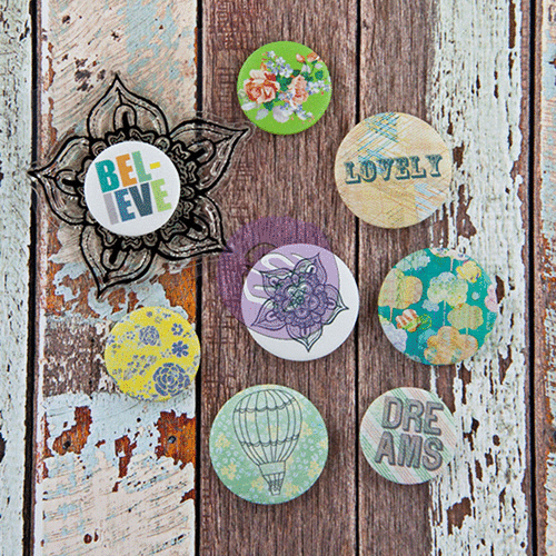 Prima - Free Spirit Collection - Flair Buttons with Clear Acrylic Stamp