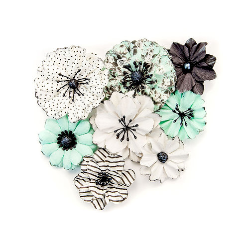Prima - Flirty Fleur Collection - Flower Embellishments - Grey and Mint