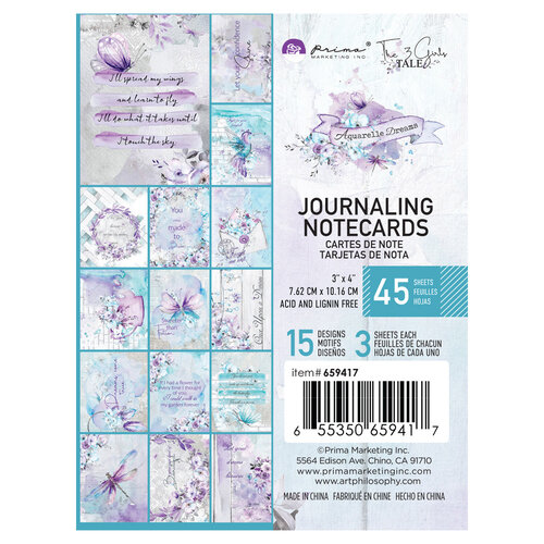 Prima - Aquarelle Dreams Collection - 3 x 4 Journaling Cards