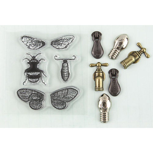 Prima - Ingvild Bolme - Stamp-N-Add - Acrylic Stamps and Metal Embellishments Set - Moth Wings