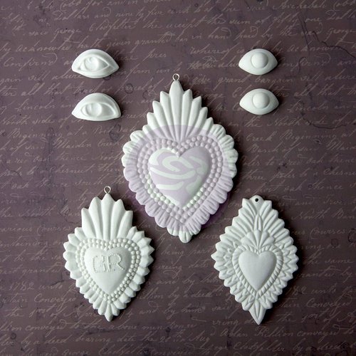 Prima - Archival Cast Collection - Relics and Artifacts - Plaster Embellishments - Flaming Hearts Ex Votos I