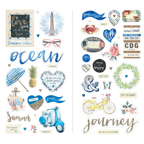 Prima - St. Tropez Collection - Chipboard Stickers and More with Glitter and Foil Accents