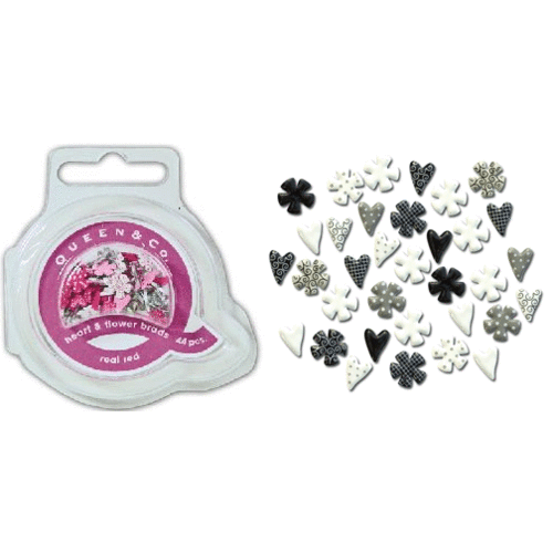 Queen and Company - Mini Heart and Flower Brads - 44 pieces - Bold Black, CLEARANCE