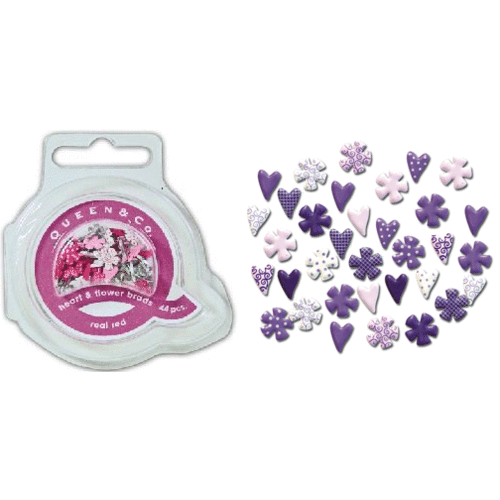 Queen and Company - Mini Heart and Flower Brads - 44 pieces - Pure Purple, CLEARANCE